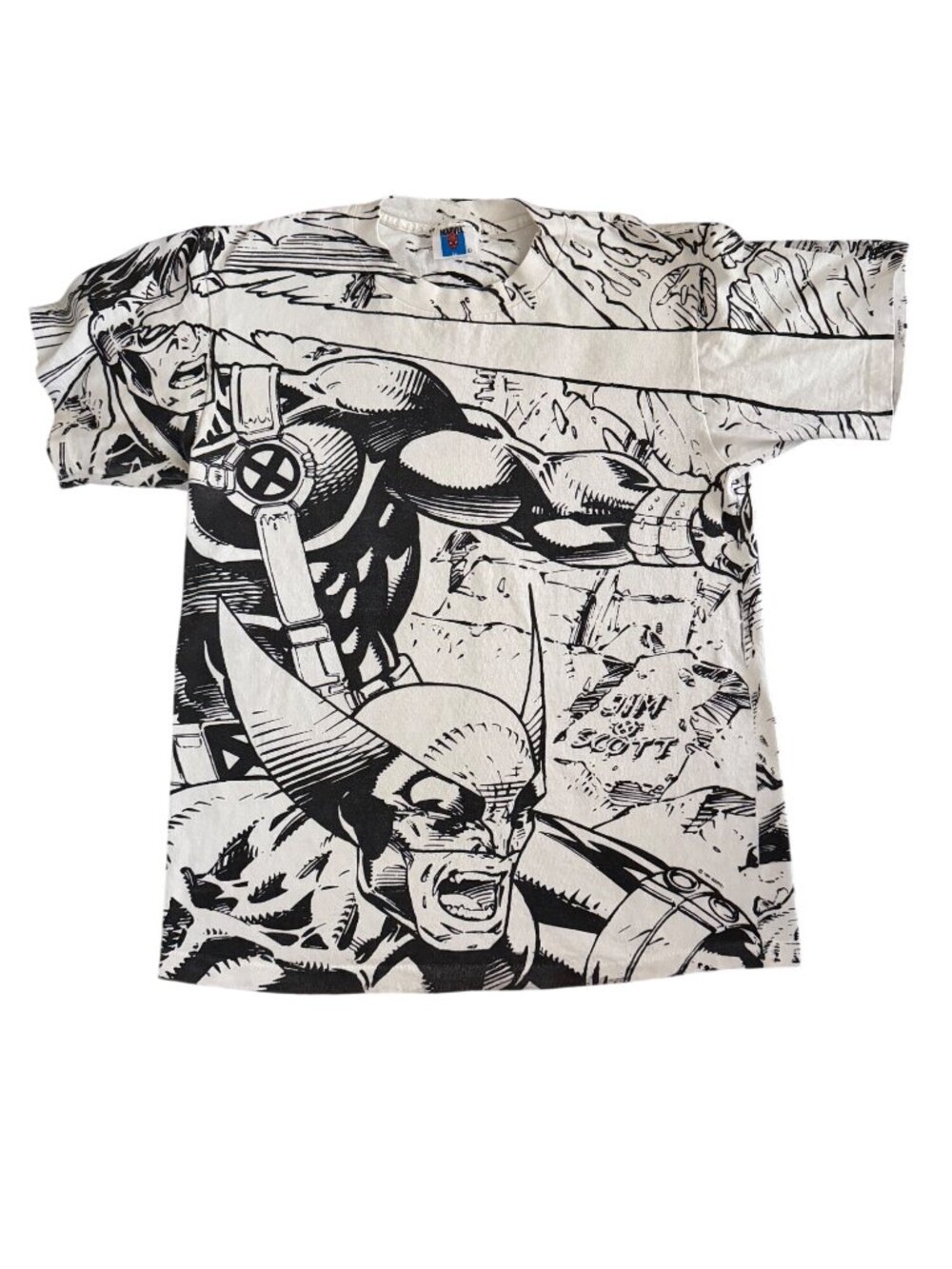 Marvel X-Men All-Over Print T-Shirt Wolverine Cyclops Storm Large White Black Gr